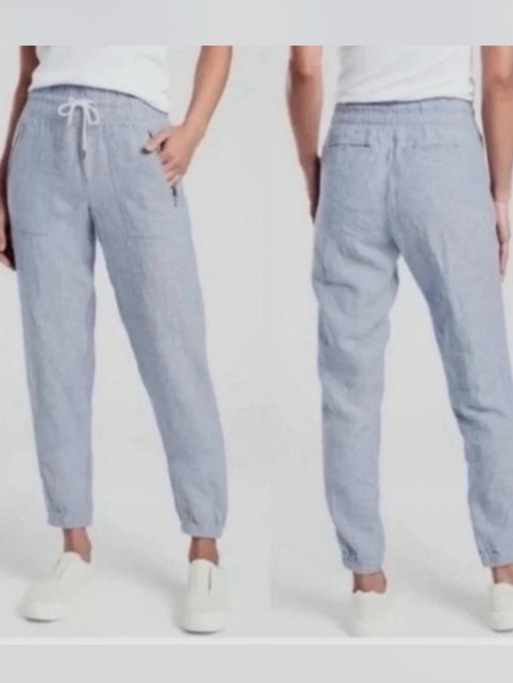 Athleta Cabo Linen Jogger Light Blue Pants Drawstring Waist Women's 14 P Petite - Picture 3 of 10